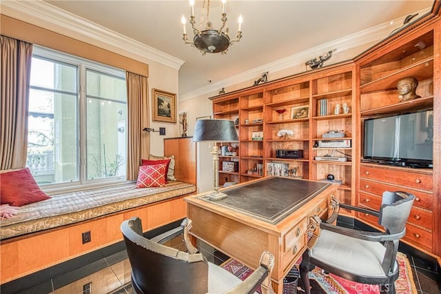 office area with plenty of natural light, a notable chandelier, ornamental molding, and dark tile patterned flooring