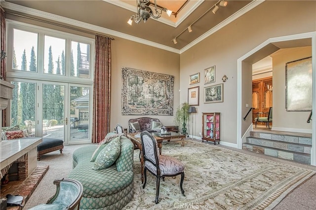 living area featuring carpet, baseboards, an inviting chandelier, track lighting, and crown molding