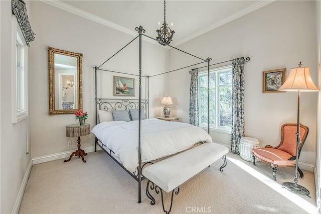 bedroom with baseboards, light colored carpet, and ornamental molding