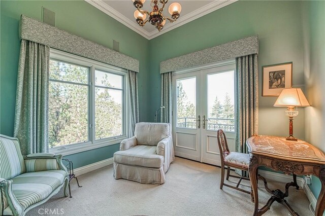 50369 Rd 420, Coarsegold, CA 93614 - home office with healthy amount of natural light, crown molding, a chandelier, french doors, and carpet