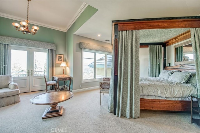 bedroom featuring baseboards, multiple windows, carpet, and french doors