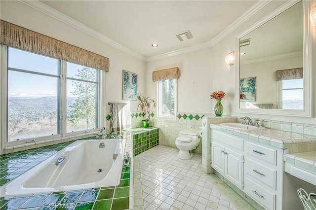 full bathroom with visible vents, tile patterned flooring, crown molding, a garden tub, and toilet