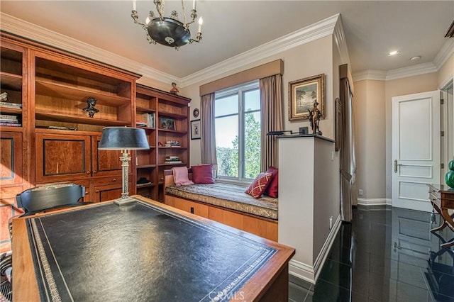 game room featuring dark tile patterned floors, an inviting chandelier, crown molding, and baseboards