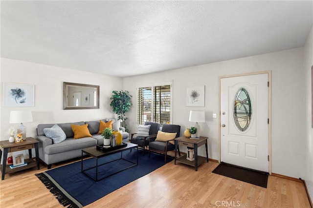 living area with baseboards, a textured ceiling, and wood finished floors