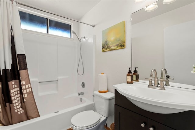 bathroom featuring vanity, toilet, and shower / tub combo with curtain