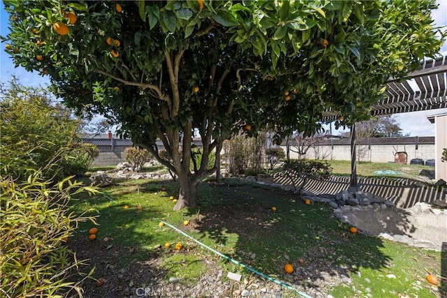 view of yard featuring a pergola and fence