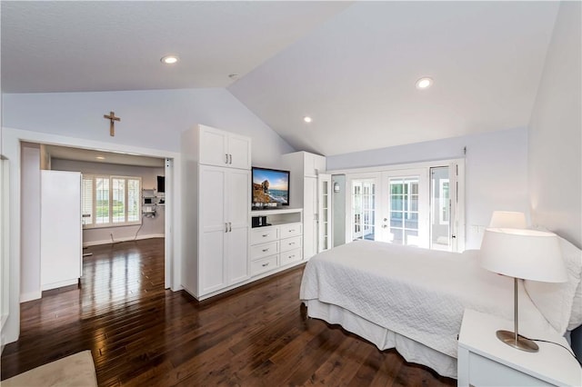 bedroom with access to exterior, dark wood finished floors, lofted ceiling, recessed lighting, and french doors