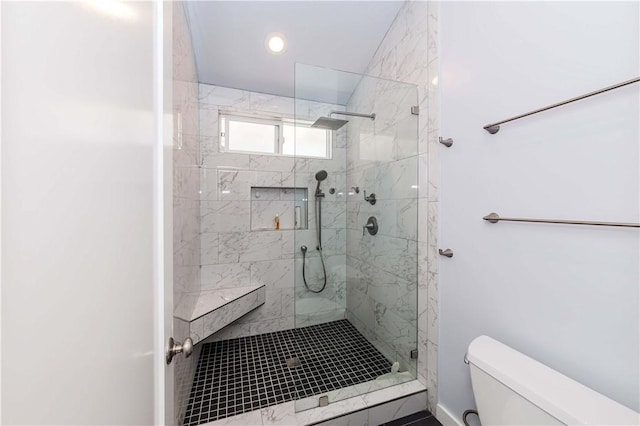 full bath featuring recessed lighting, a stall shower, and toilet