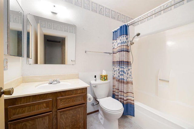 full bathroom with toilet, vanity, and shower / bath combination with curtain