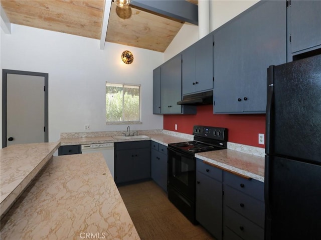 kitchen with under cabinet range hood, lofted ceiling with beams, wooden ceiling, black appliances, and a sink