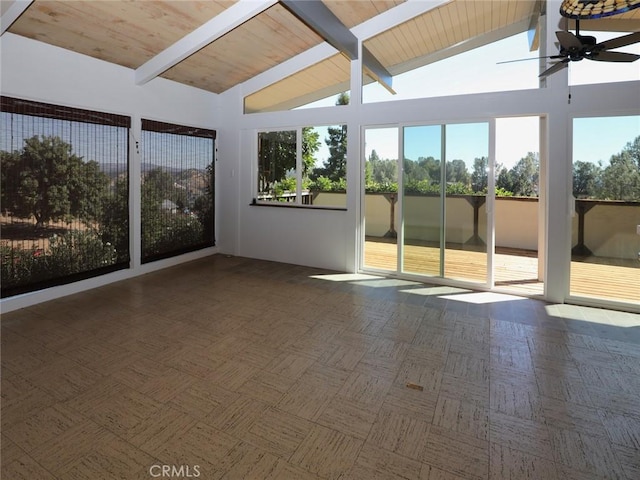 unfurnished sunroom with wood ceiling, vaulted ceiling with beams, and ceiling fan