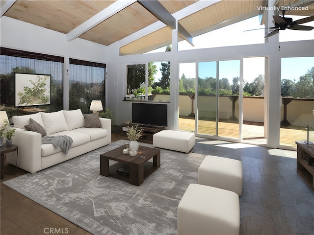 living room with beam ceiling, high vaulted ceiling, wood ceiling, and ceiling fan