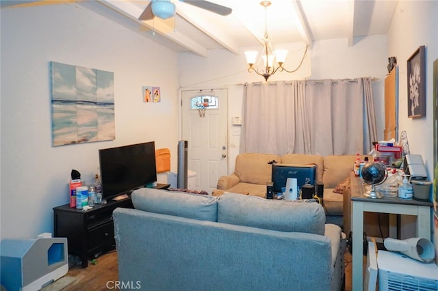 living area with beamed ceiling, wood finished floors, and ceiling fan with notable chandelier