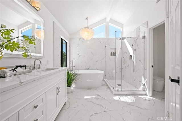 bathroom with a marble finish shower, marble finish floor, and toilet