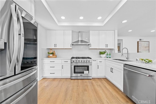 kitchen featuring light wood-style flooring, a sink, a tray ceiling, stainless steel appliances, and wall chimney range hood