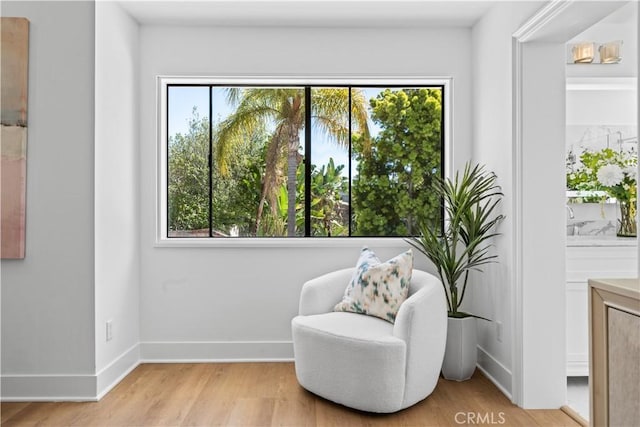 sitting room featuring light wood-type flooring and baseboards