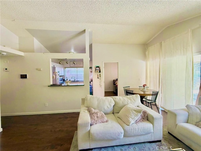 living area featuring baseboards, a textured ceiling, wood finished floors, and vaulted ceiling