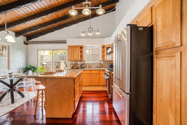 5451 Reef Way, Oxnard, CA 93035 - kitchen featuring appliances with stainless steel finishes, open shelves, dark wood-style flooring, wood ceiling, and a kitchen island