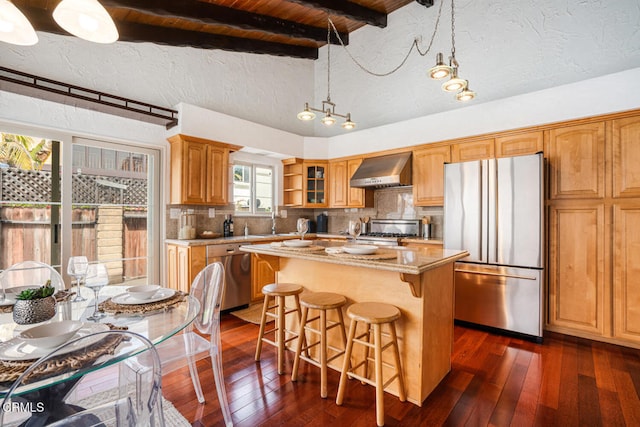 5451 Reef Way, Oxnard, CA 93035 - kitchen with appliances with stainless steel finishes, wall chimney range hood, backsplash, and dark wood finished floors