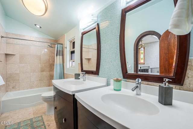 5451 Reef Way, Oxnard, CA 93035 - bathroom featuring shower / bath combination with curtain, vanity, vaulted ceiling, and tile patterned flooring