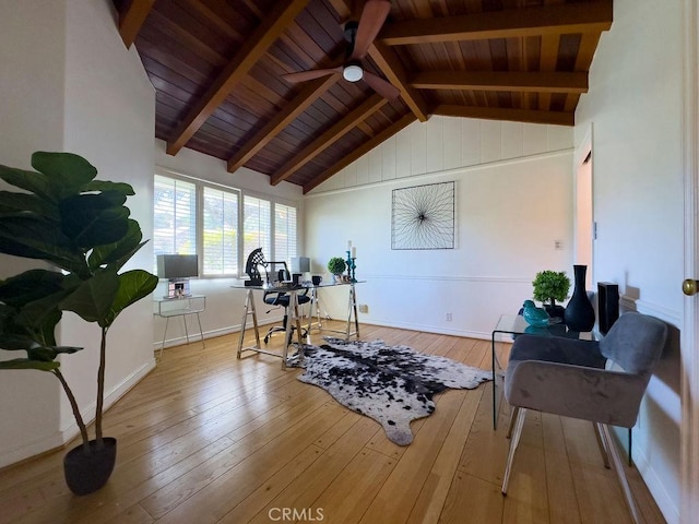 workout area with ceiling fan, wooden ceiling, lofted ceiling, and hardwood / wood-style floors