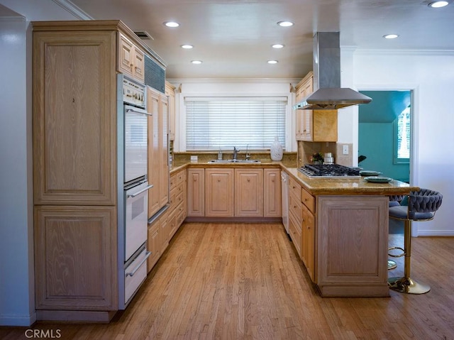 kitchen featuring stainless steel gas cooktop, a breakfast bar area, a peninsula, island range hood, and a sink