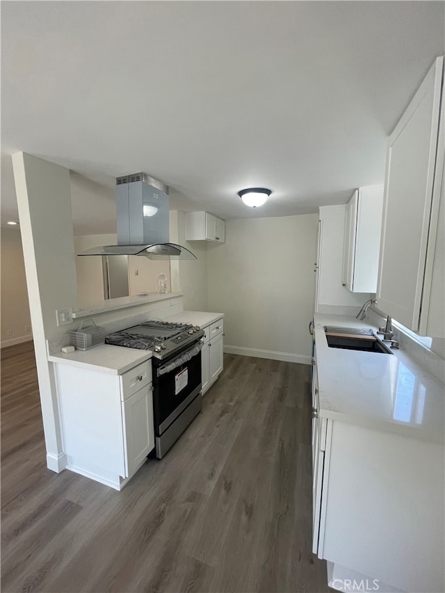 kitchen with stainless steel gas range oven, wood finished floors, island range hood, and a sink