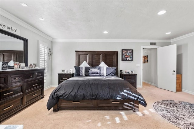 bedroom featuring light colored carpet, baseboards, crown molding, and recessed lighting