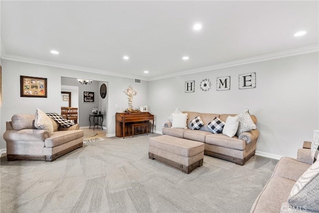 living room with crown molding, baseboards, visible vents, and carpet floors