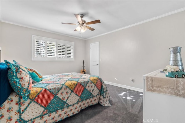 bedroom with crown molding, carpet flooring, baseboards, and ceiling fan