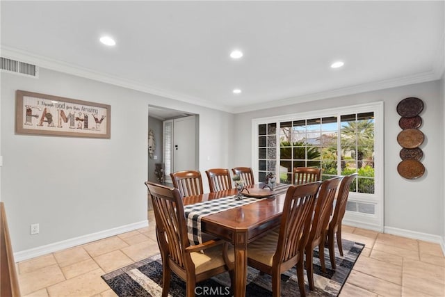 dining room featuring baseboards, visible vents, recessed lighting, stone tile flooring, and ornamental molding