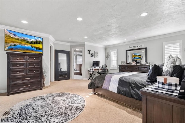 carpeted bedroom featuring recessed lighting, baseboards, a textured ceiling, and crown molding