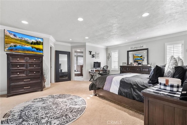 bedroom featuring recessed lighting, carpet flooring, baseboards, and ornamental molding