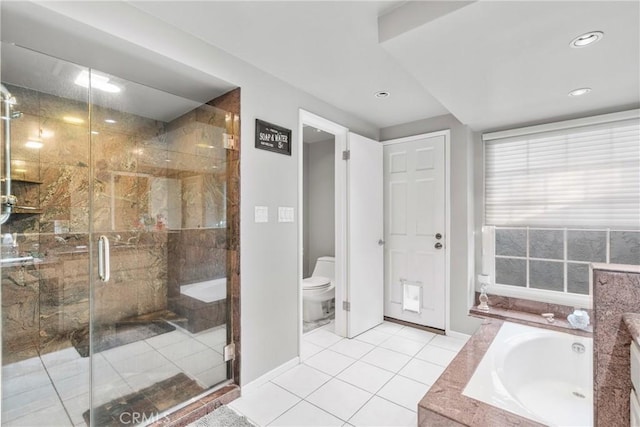 full bath with a shower stall, tile patterned floors, baseboards, toilet, and a bath