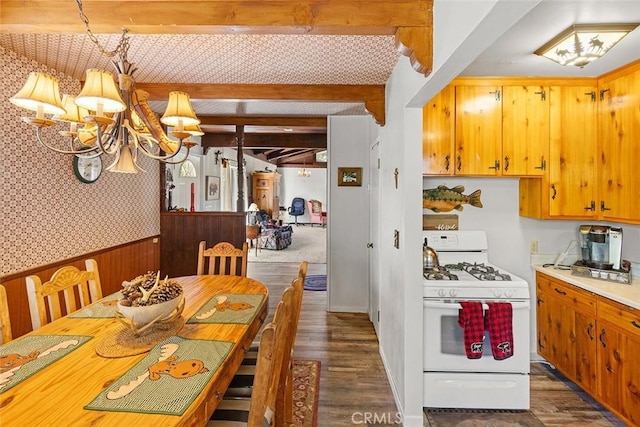 interior space with dark wood-type flooring, white gas stove, beamed ceiling, light countertops, and wainscoting