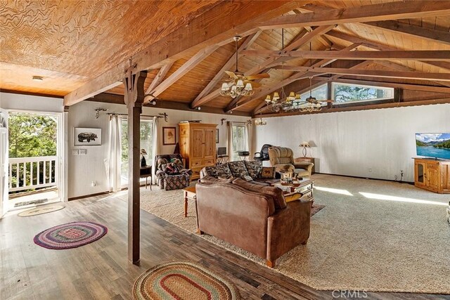 living room with wood finished floors, wood ceiling, vaulted ceiling with beams, and a ceiling fan