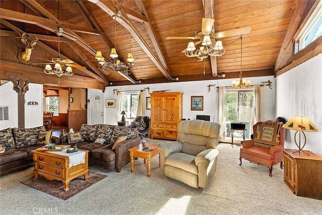 living area with wooden ceiling, lofted ceiling with beams, a ceiling fan, and carpet floors