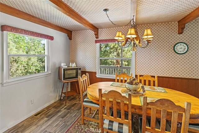 dining space with wallpapered walls, beamed ceiling, and a wainscoted wall