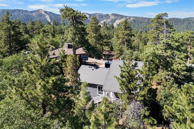 aerial view featuring a mountain view and a wooded view