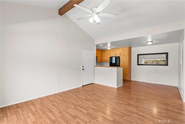 unfurnished living room featuring baseboards, high vaulted ceiling, beam ceiling, ceiling fan, and light wood-type flooring