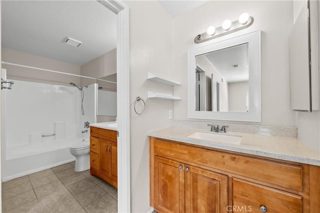 full bathroom featuring visible vents, toilet, shower / tub combination, tile patterned floors, and vanity