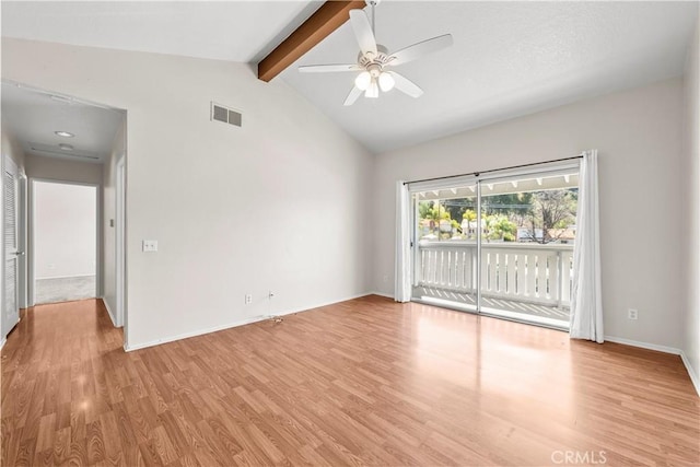 unfurnished room featuring visible vents, light wood-style flooring, lofted ceiling with beams, baseboards, and ceiling fan