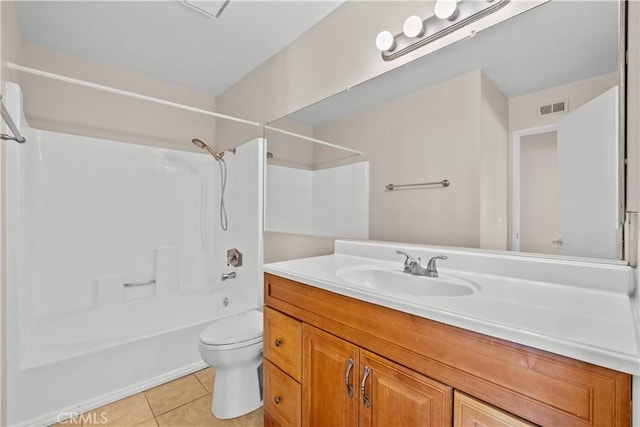 bathroom featuring visible vents, toilet, tile patterned flooring, bathing tub / shower combination, and vanity