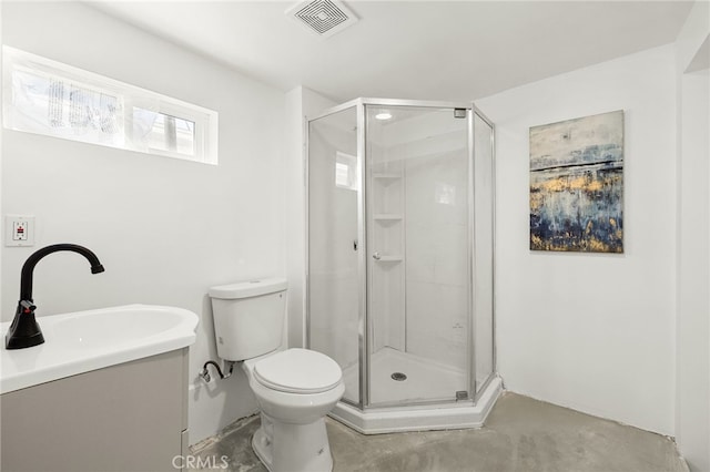 full bathroom with vanity, visible vents, a shower stall, concrete flooring, and toilet