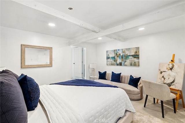 bedroom with recessed lighting and beam ceiling