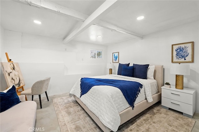 bedroom featuring beamed ceiling and recessed lighting