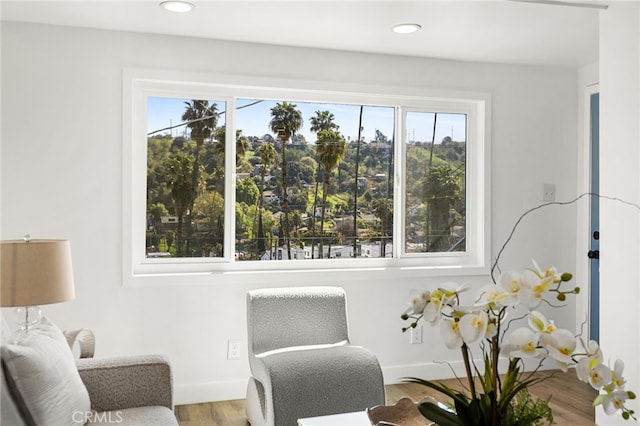 living area featuring recessed lighting, wood finished floors, and baseboards