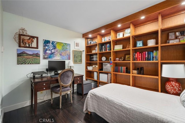 bedroom featuring recessed lighting, dark wood-style flooring, and baseboards
