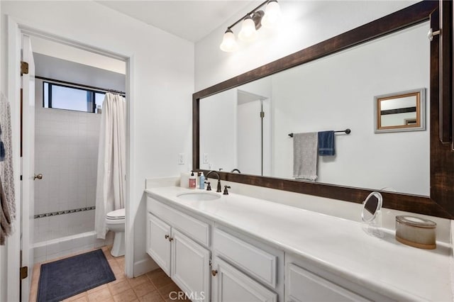bathroom with toilet, a stall shower, vanity, and tile patterned flooring