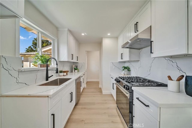 kitchen featuring light wood-style flooring, recessed lighting, under cabinet range hood, appliances with stainless steel finishes, and a sink